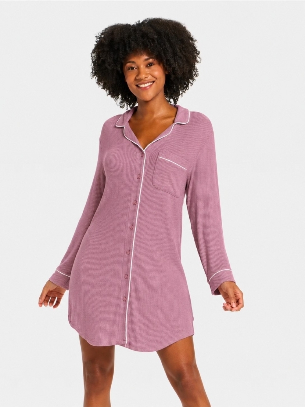 Auden Women's Cozy Ribbed Notch Collar Mauve Pajama Gown Size S NWT